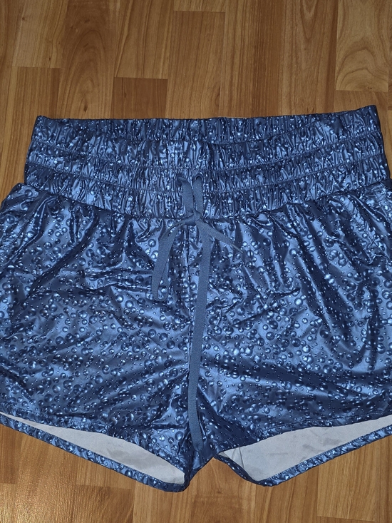 Zyia Active Pants - Women's Blue Water-Drop Print Athletic Shorts with Drawstring Waist